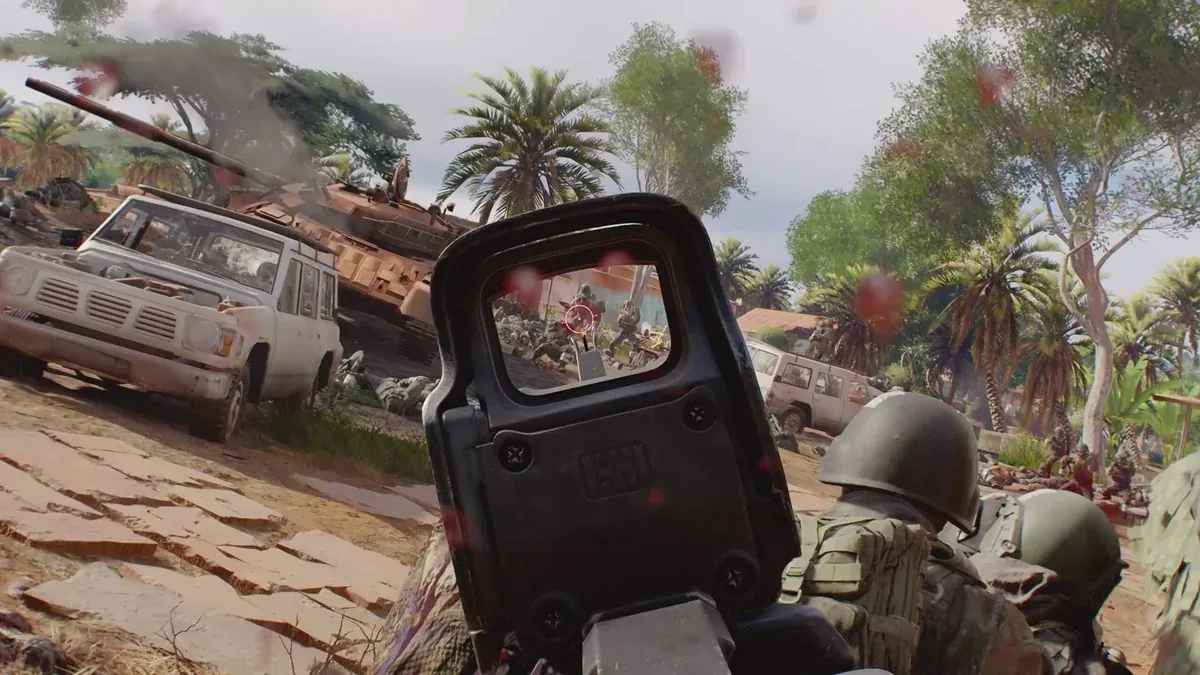 A squad advancing together across a dry open zone