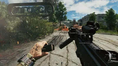 First-person view with HUD on a city street in Active Matter