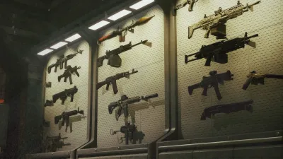 A shelter arsenal wall covered with rifles and mounted weapon racks