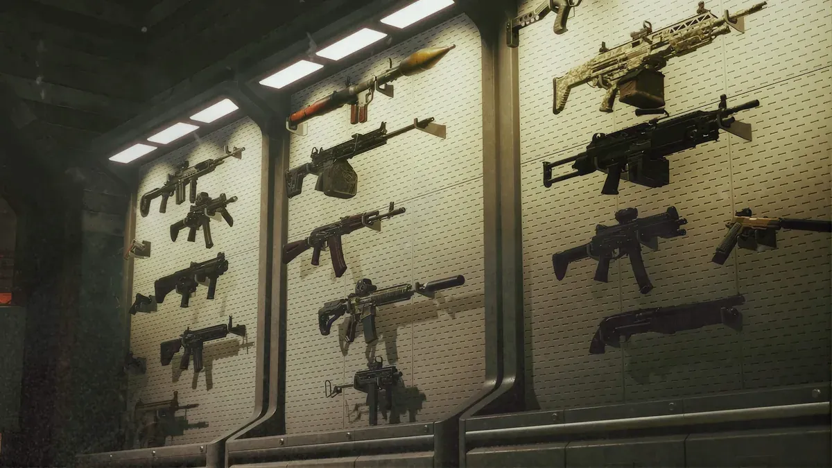 A shelter arsenal wall covered with rifles and mounted weapon racks