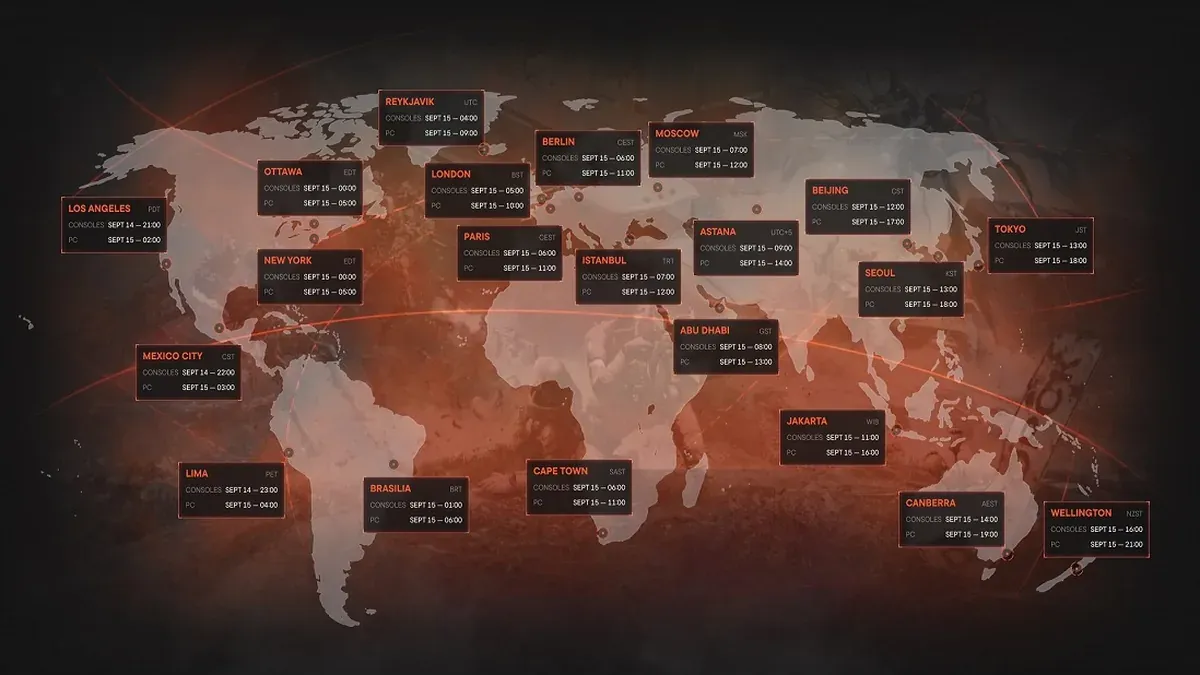 Active Matter worldwide launch times map with regional release timestamps