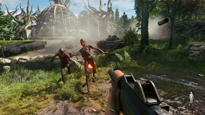 A player facing a transformed creature in a forest clearing