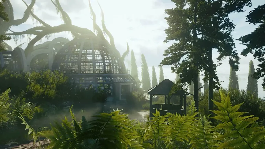 An overgrown greenhouse structure glowing orange inside a forest
